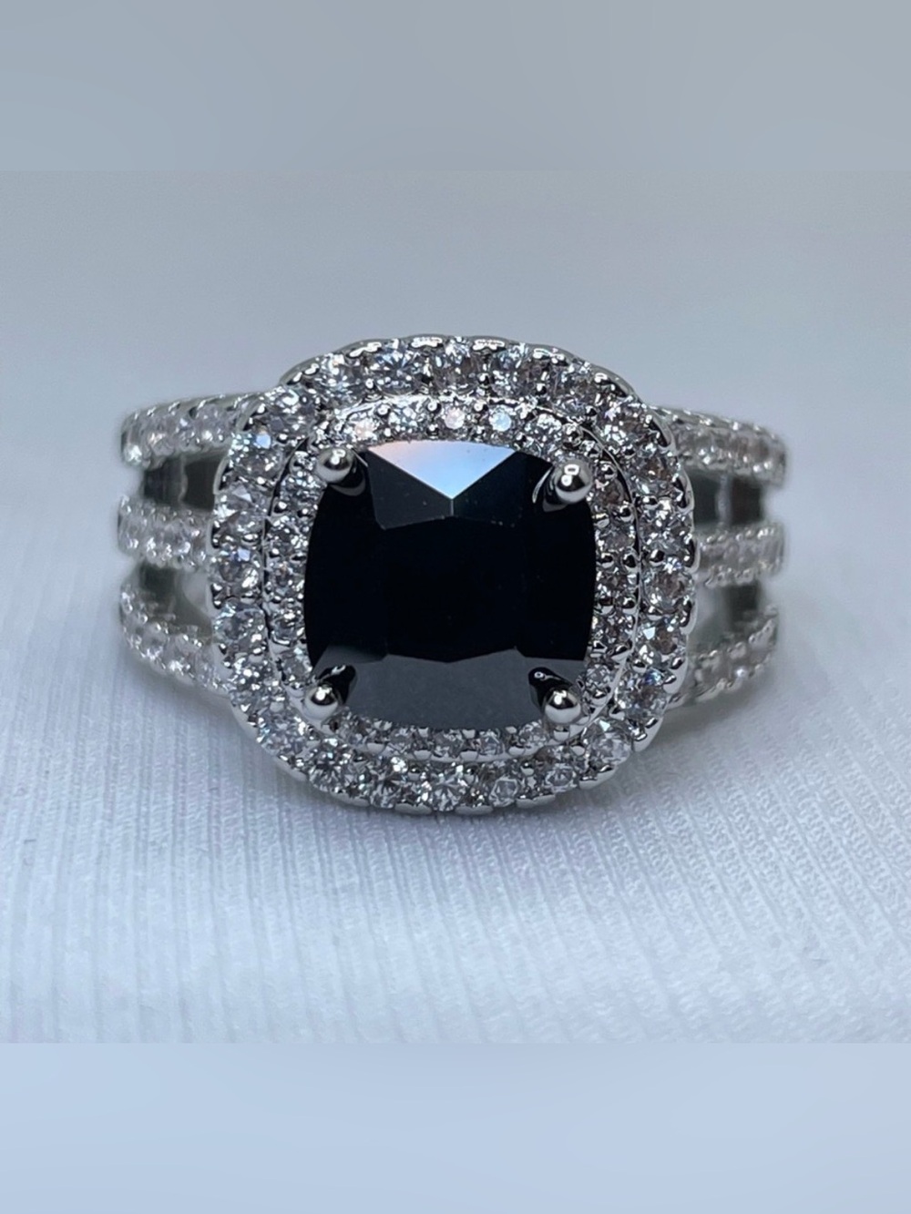 Black Onyx Diamond White CZ Cushion Halo Ring Silver Wide Band Bridal Statement